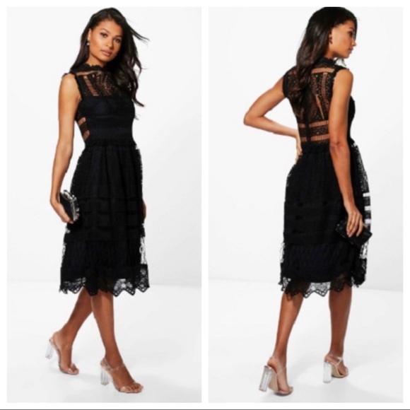 black lace crochet high neck midi dress